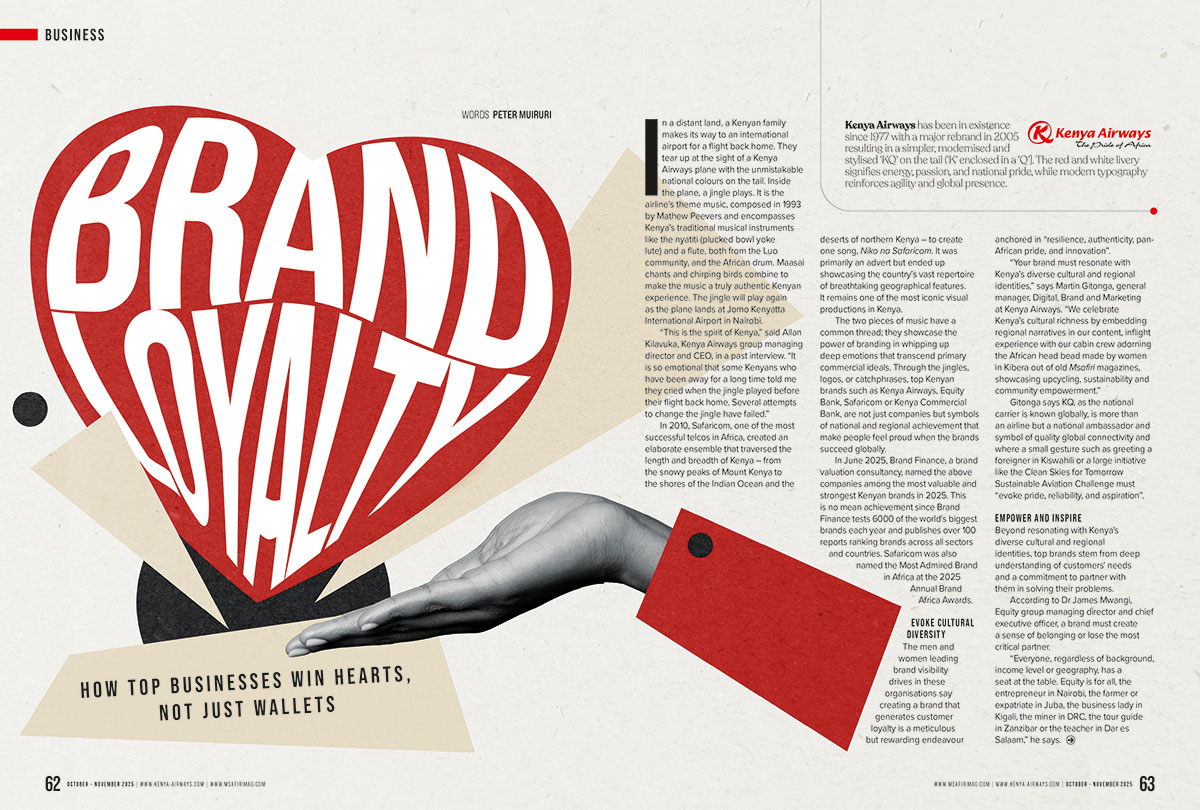 Msafiri branding spread featuring a large graphic heart and article layout.