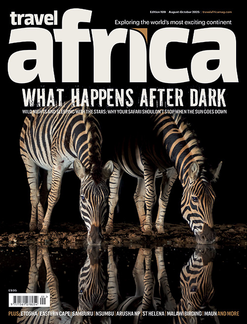 Travel Africa cover featuring zebras at night.